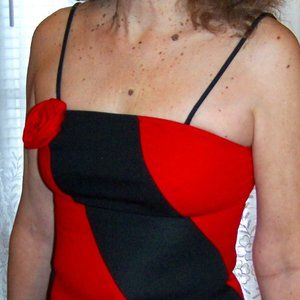 SEXY FREDERICKS OF HOLLYWOOD BLACK AND RED ASYMMETRICAL SPAGHETTI STRAP DRESS